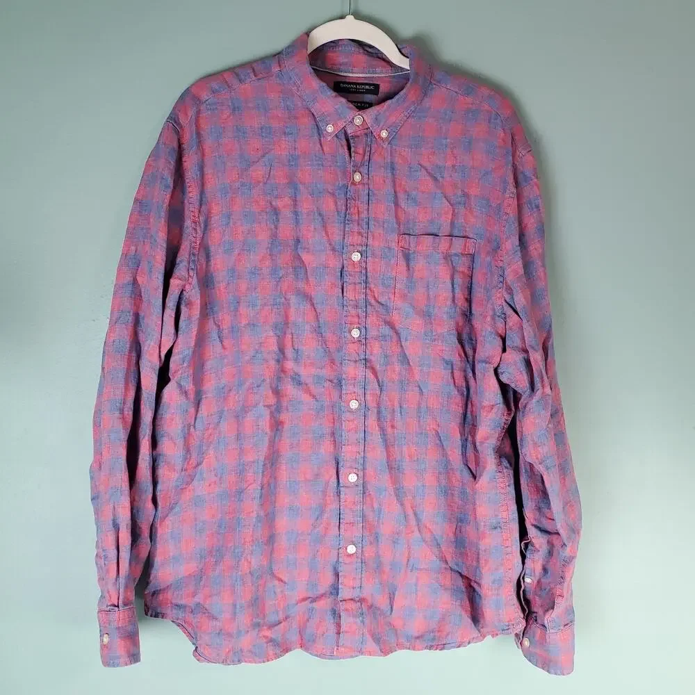 Banana Republic Mens Red Blue Check Camden Fit Linen Button Down Shirt Size XL